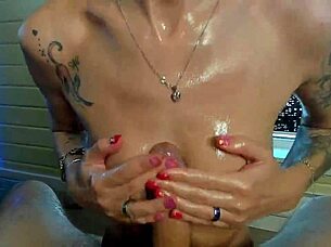 hot girl gives oiled blowjob