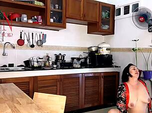 housewife in pantyhose gets orgasm in kitchen as naked maid