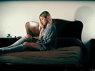 Petite teen 18+ candice fingers her shaved blonde pussy with a flower, teasingly