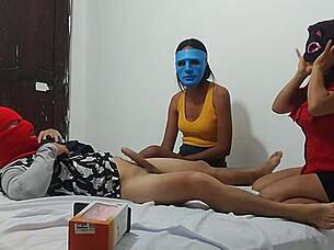 My girlfriend taught her best friend intense blowjob skills at home