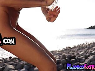 Skinny all natural russian beauty taya vais relaxing naked at the beach, petite 18+ striptease outdoors.