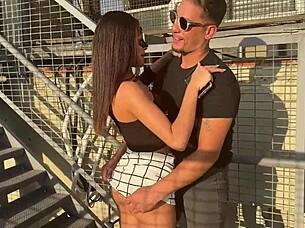 Husband arranges cuckold encounter for wife at work with young brunette.