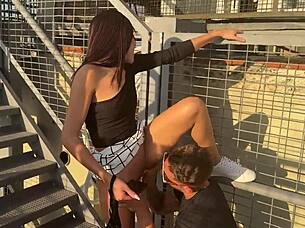 Husband arranges cuckold encounter for wife at work with young brunette.