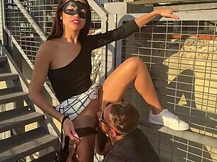 Husband arranges cuckold encounter for wife at work with young brunette.