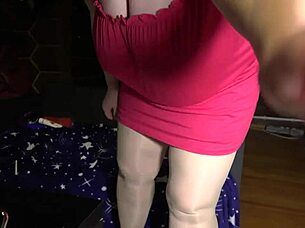 A mature housewife in a sex chat SHOWS OFF her chubby figure, legs in STOCKINGS, and big ASS under skirt