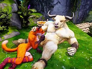 Minotaur ravages furry foxy and tiger girls! Wild outdoor sin in rain!