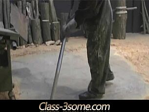 lavish ffm threesome with blowjob in workshop