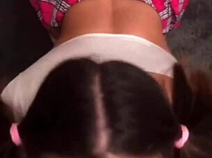 She shows her tits to the teacher for a blowjob in this roleplay