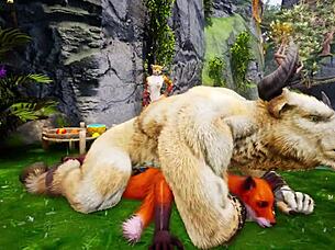 Minotaur ravages furry foxy and tiger girls! Wild outdoor sin in rain!