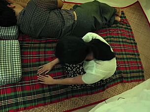 An amateur asian couple can't stop fucking while on a big fire, muff diving and intense.