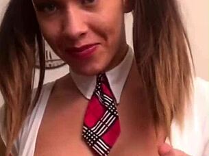 She shows her tits to the teacher for a blowjob in this roleplay