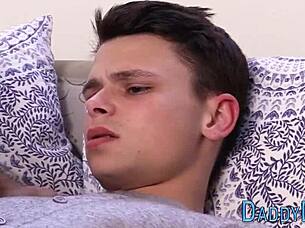 Twinks tight butt gets creamed bareback, he moans during the anal session.