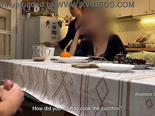 husband jerking under table in kitchen with step mom watching