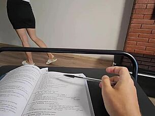 English Tutor Forgets Panties, Flashes Tight Pussy Instead.