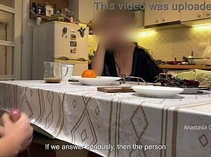 husband jerking under table in kitchen with step mom watching