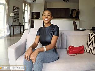 Big black tits bounce during interracial casting fuck