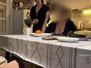 husband jerking under table in kitchen with step mom watching