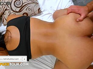 Buxom Amateur Brunette Gets Pussy Stretched In Bed