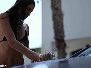 washing that mercedes car in the outdoor setting with passion.