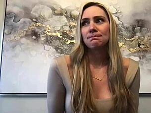 Introducing JJ, the blonde tall milf model with big ass and long legs in backstage interview