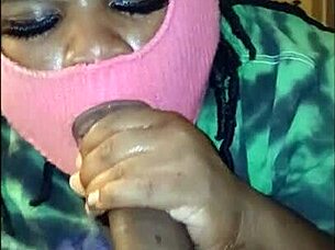 The milf sucked my big black cock sloppy, then blew bubbles with cum in mouth