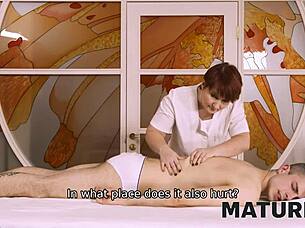 Does mature woman get pussy humped by hung macho in massage parlor?