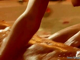 cougar and lover relax in bath with sensual massage