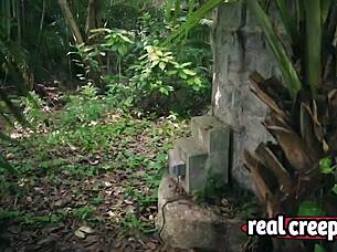 Blonde slim babe dragged into forest for bareback spanking!