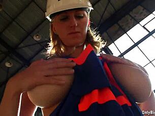 Shelby moon has fun with her boobs at work