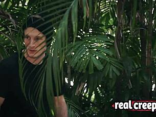 Blonde slim babe dragged into forest for bareback spanking!