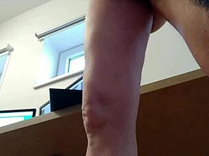 Behind the scenes, skinny submissive jerks off before candie cross sucks his cock in fishnets