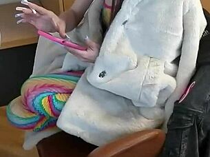 Behind the scenes, skinny submissive jerks off before candie cross sucks his cock in fishnets