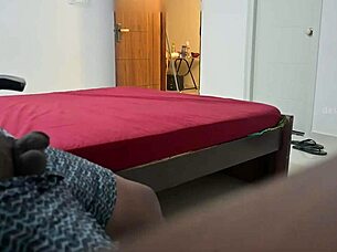 Maid intensely jerks off owner while flashing ass