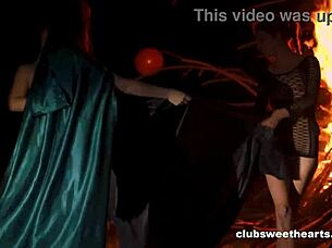 Halloween night turned wild with lesbian action outdoors under the haunted moon.