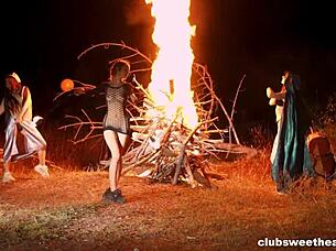 Halloween night turned wild with lesbian action outdoors under the haunted moon.