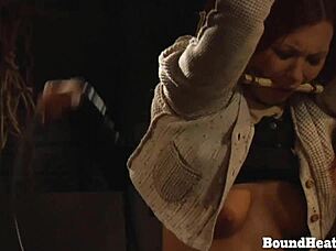 Tied up slave in bondage punished while madame relaxes