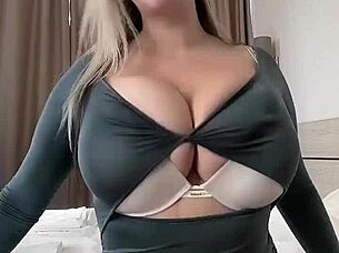 Massaging natural tits, she wants to get fucked on the bed.