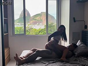 Watch this ebony babe ride and get creampied by muscular guy?