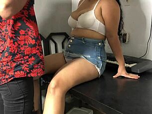 What a curvy young woman in a tight skirt during hot keyboard lessons!