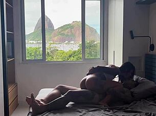 Watch this ebony babe ride and get creampied by muscular guy?