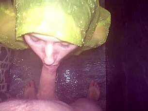 Girlfriend offers help in the shower with a raincoat