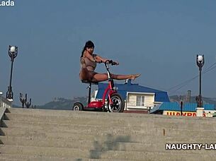 Milf wife rides naked in public flashing