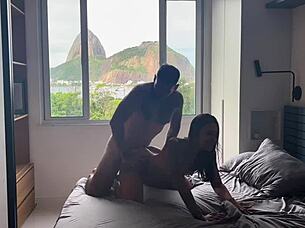 Watch this ebony babe ride and get creampied by muscular guy?