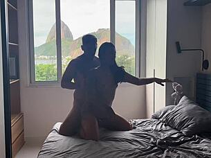 Watch this ebony babe ride and get creampied by muscular guy?