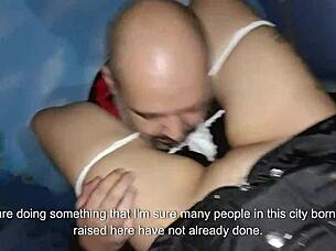 Couple spreads ass and fucks doggystyle behind church