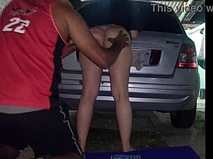 Safada Gets Cock In Backyard While Cars Pass