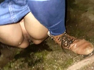 Couple spreads ass and fucks doggystyle behind church