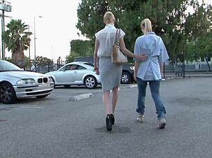 Stunning lesbian blonde comforts sex-depraved stunner in parking lot!