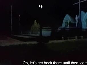 Couple spreads ass and fucks doggystyle behind church