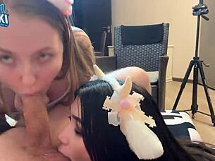 i got a juicy threesome blowjob from my two step sisters with small tits and ball lickin